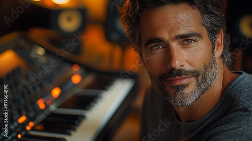 Mature Man Playing Synthesizer in a Dimly Lit Studio photo