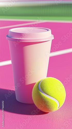 Tennis Ball and Coffee Cup on Vibrant Pink Tennis Court photo