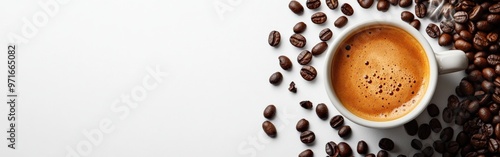 Freshly Brewed Espresso Surrounded by Coffee Beans photo