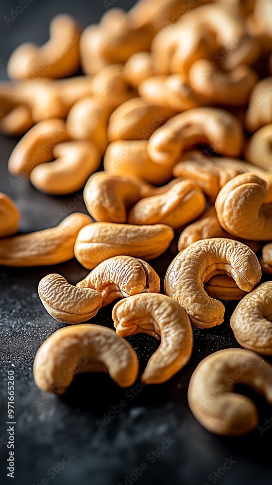 Close-Up of Roasted Cashew Nuts Piled Together on Dark Background Close-Up of Roasted Cashew Nuts Piled Together on Dark Background