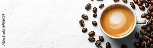 Freshly Brewed Espresso Surrounded by Coffee Beans photo