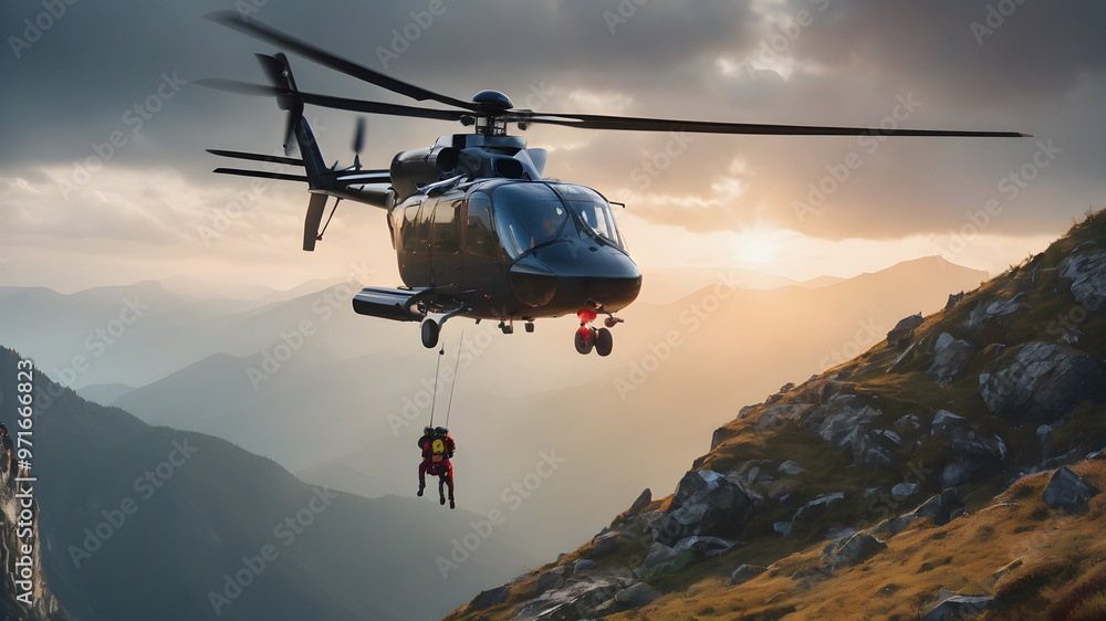Rescue helicopter in the air at the mountain top while flying. Rescue helicopter in the air at the mountain top while flying.