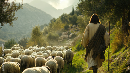 Jesus herds a flock of sheep, almighty god leads his sheep photo