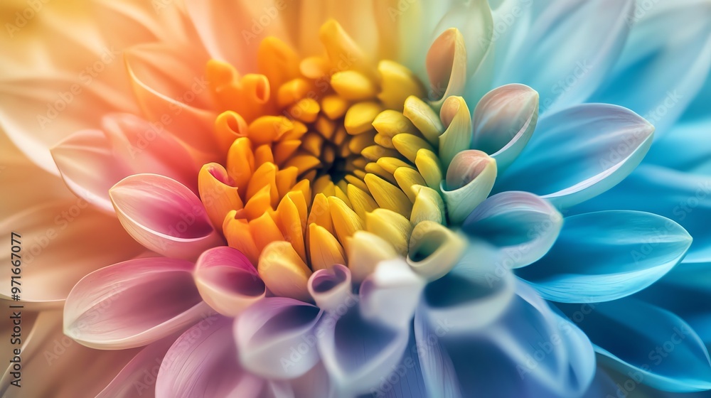 Colorful close-up of a flower, petals are shades of blue, yellow, and pink. Colorful close-up of a flower, petals are shades of blue, yellow, and pink.
