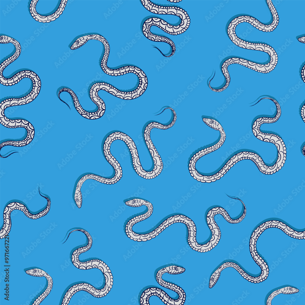 Fototapeta premium Minimalist seamless pattern with white snakes with intricate scaled skin or cyan background as wrapping paper or fabric. Endless wallpaper with hand drawn linear blue reptiles for 2025 Year of Snake