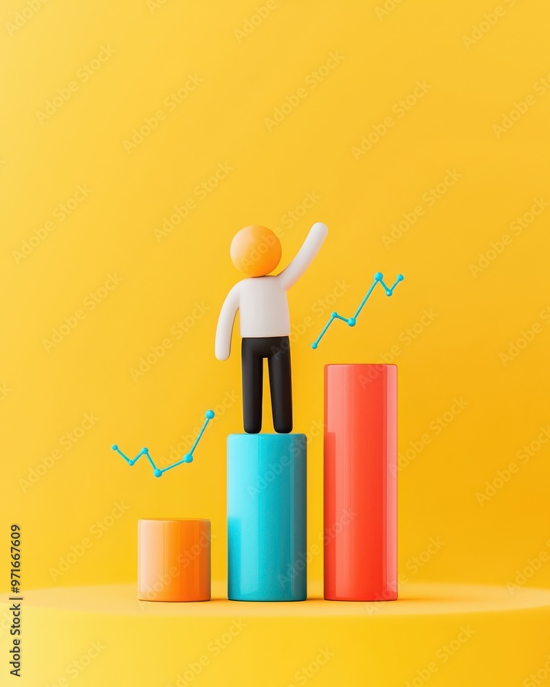 A colorful illustration of a figure standing on bars representing growth, with graphs symbolizing success and progress. A colorful illustration of a figure standing on bars representing growth, with graphs symbolizing success and progress.