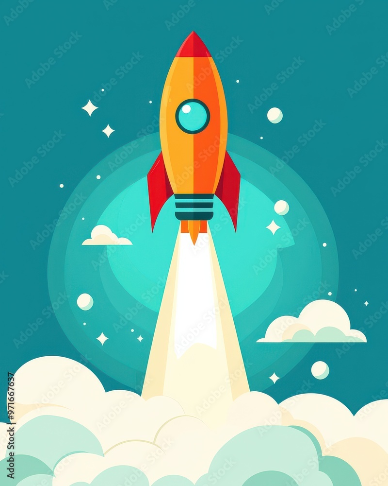 A colorful rocket launching into space, surrounded by clouds and sparkles, symbolizing exploration and adventure. A colorful rocket launching into space, surrounded by clouds and sparkles, symbolizing exploration and adventure.