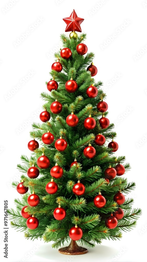 minimalistic christmas tree with red baubles, white backdrop minimalistic christmas tree with red baubles, white backdrop