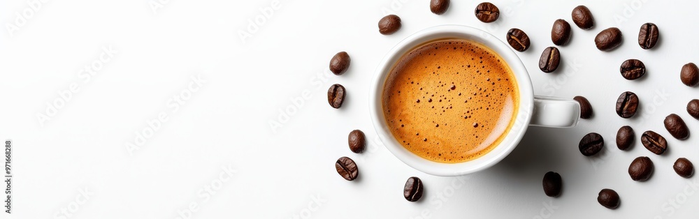 Fototapeta premium Freshly Brewed Espresso Surrounded by Coffee Beans