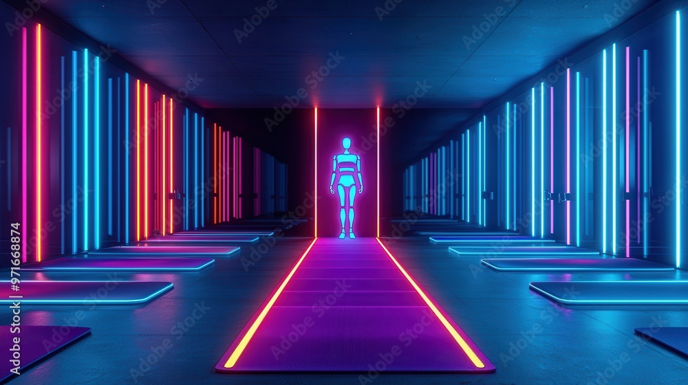 Futuristic High-Tech Yoga Studio with Robotic Instructors and Neon Yoga Mats, Relaxation Enhancement, Copy Space Futuristic High-Tech Yoga Studio with Robotic Instructors and Neon Yoga Mats, Relaxation Enhancement, Copy Space