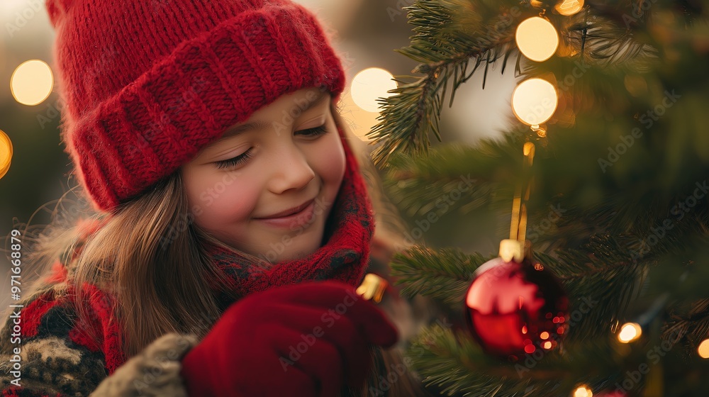 Girl smiling while decorating a Christmas tree