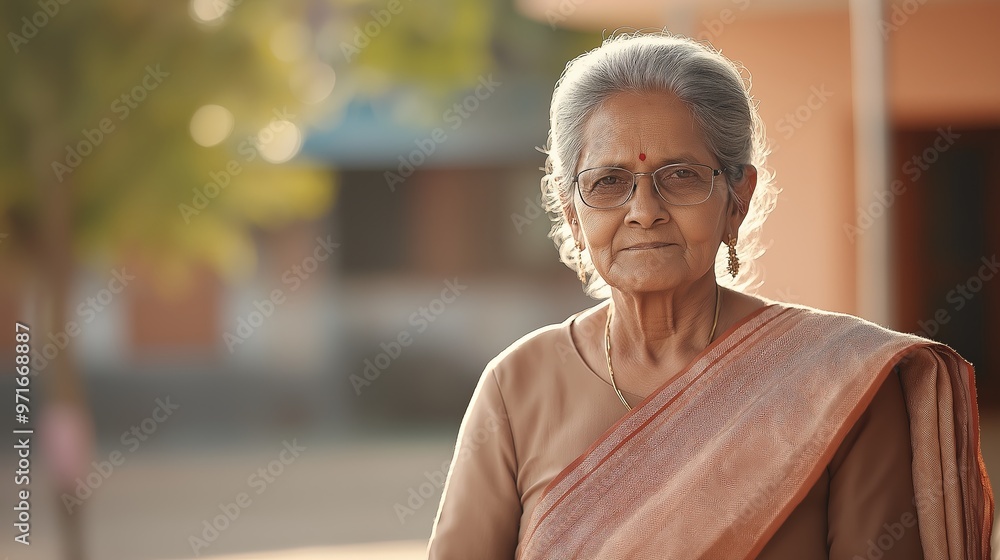 Elderly woman standing outdoors in traditional clothing Elderly woman standing outdoors in traditional clothing