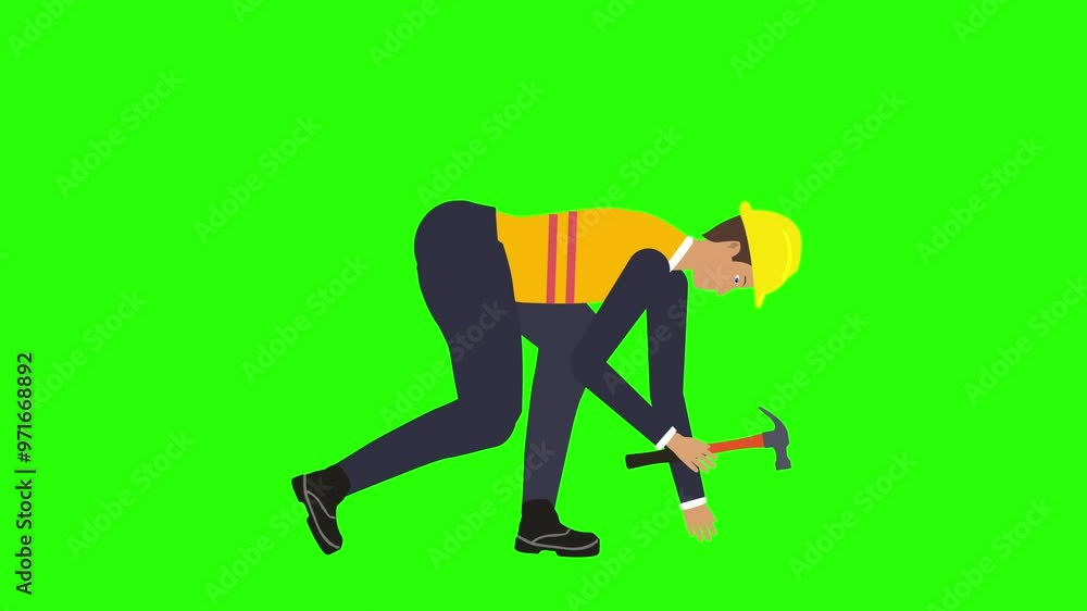 Cartoon animation of builder man character working with hammer on green screen Cartoon animation of builder man character working with hammer on green screen