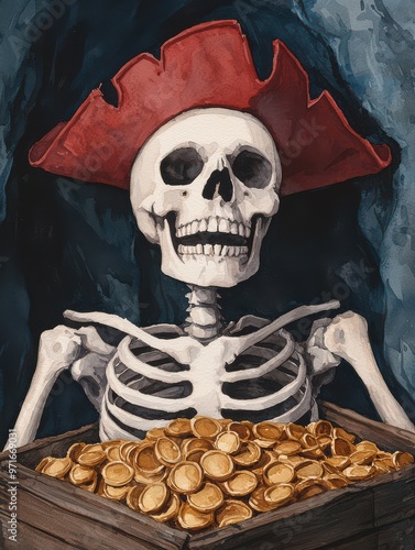 A whimsical pirate skeleton with a red hat, surrounded by a treasure chest filled with golden coins.