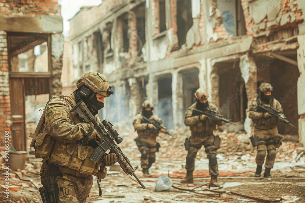 Armed group of special forces against the background of a destroyed building. The concept of game simulators. SWAT group. Antiterrorism. Armed group of special forces against the background of a destroyed building. The concept of game simulators. SWAT group. Antiterrorism.