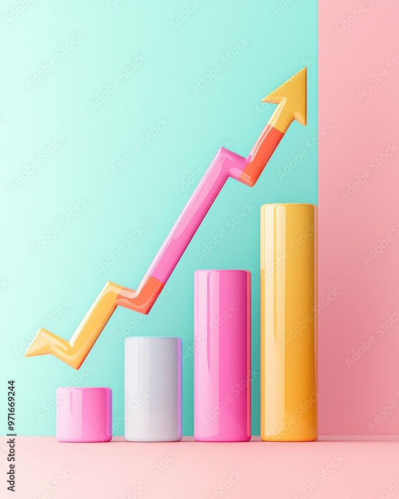 Colorful bar graph showing growth with an upward arrow on a pastel background, symbolizing progress and success. Colorful bar graph showing growth with an upward arrow on a pastel background, symbolizing progress and success.