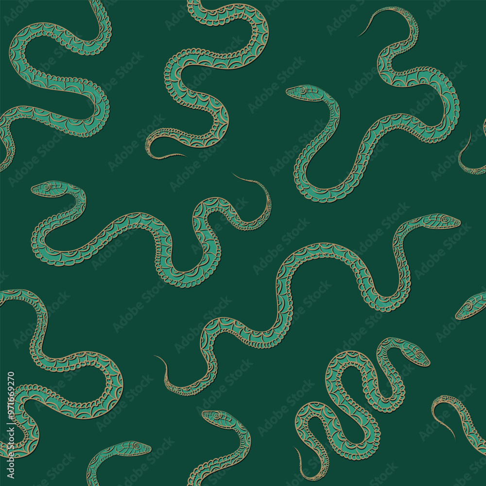 Seamless luxury pattern with golden and green snakes various shapes. Endless wallpaper or background with reptiles for 2025 Year of Snake Seamless luxury pattern with golden and green snakes various shapes. Endless wallpaper or background with reptiles for 2025 Year of Snake