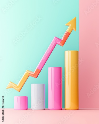Free Download Colorful bar graph showing growth with an upward arrow on a pastel background, symbolizing progress and success. - GFXLoad