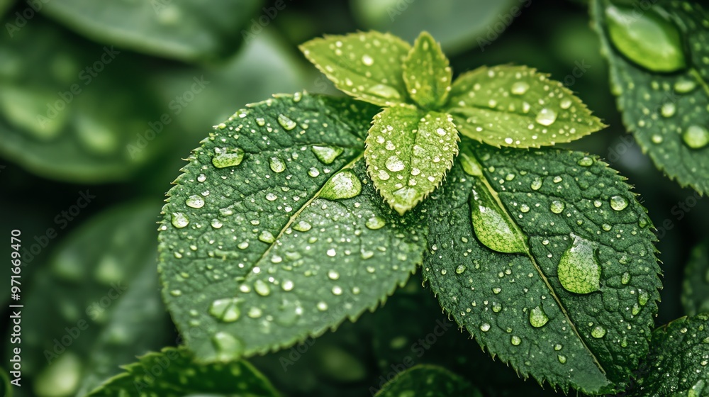 Close up of green leaves covered in raindrops. Close up of green leaves covered in raindrops.
