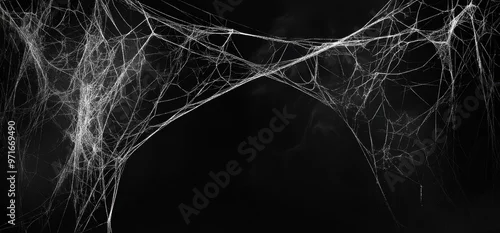 Obraz Black background with white spider webs, hanging from the left and right sides of the screen The webs are thin and long Generative AI