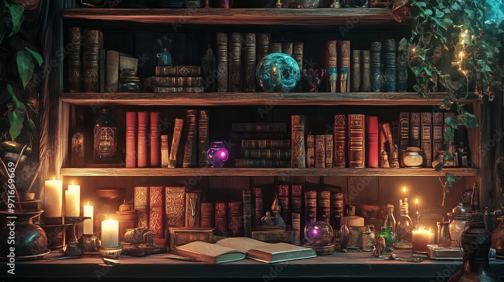 Mystical library with ancient books, glowing orbs, and candles in a serene, enchanting setting at night Mystical library with ancient books, glowing orbs, and candles in a serene, enchanting setting at night