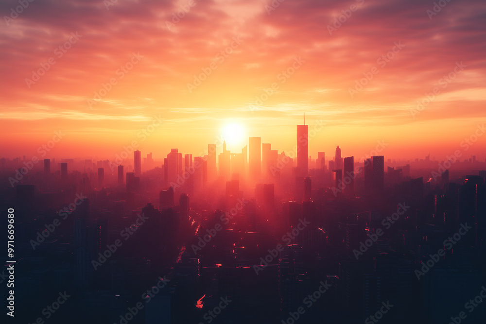Fototapeta premium A breathtaking sunrise over cityscape, casting warm hues across skyline and illuminating buildings in soft glow. scene evokes sense of tranquility and hope