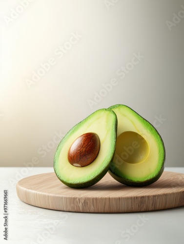 Freshly cut avocado halves on a wooden board, showcasing vibrant green flesh and a shiny brown pit. photo