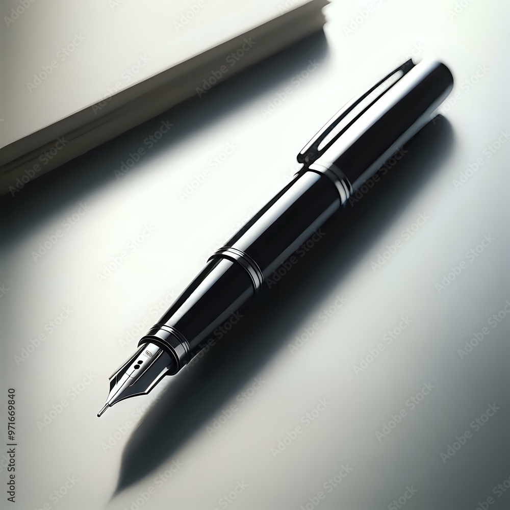 Black fountain pen resting on a silver notebook, ready to write Black fountain pen resting on a silver notebook, ready to write