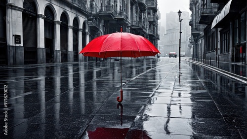 A vibrant red umbrella stands alone on a rain-soaked street in a monochrome cityscape.
