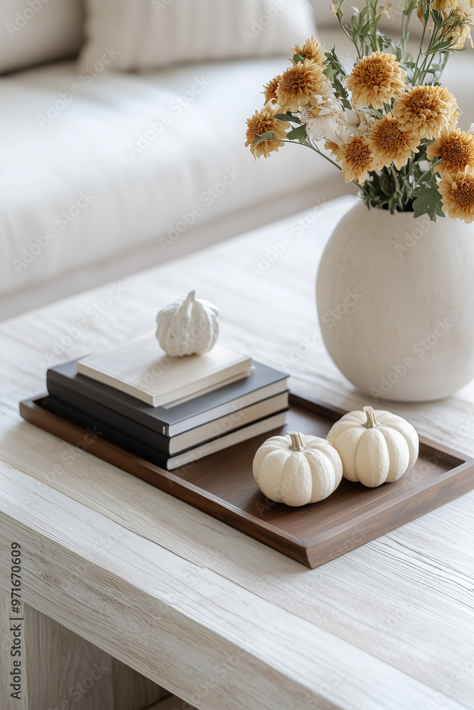 A cozy living room scene with pumpkins, flowers, and books on a coffee table. Perfect for autumnal and home decor designs. A cozy living room scene with pumpkins, flowers, and books on a coffee table. Perfect for autumnal and home decor designs.