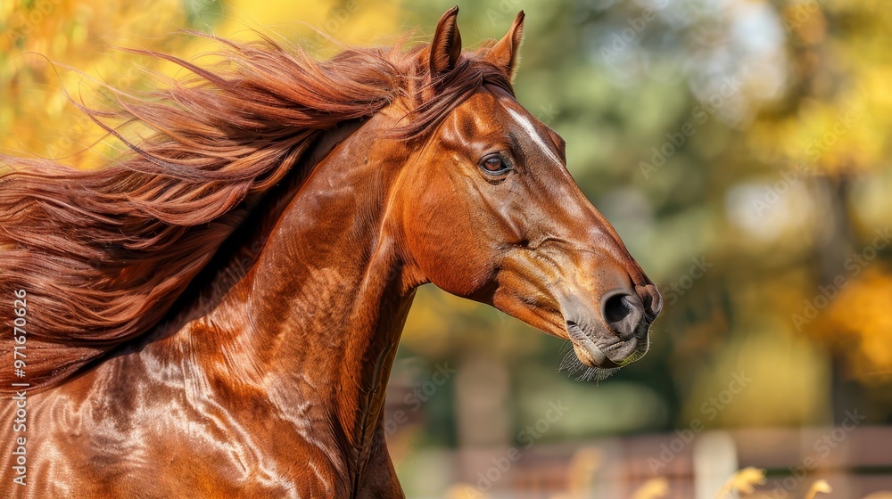 Fototapeta premium A chestnut brown horse with flowing mane in sunlit field surrounded by magical water droplets