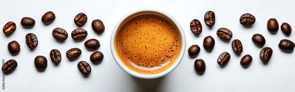Freshly Brewed Espresso Surrounded by Coffee Beans Freshly Brewed Espresso Surrounded by Coffee Beans