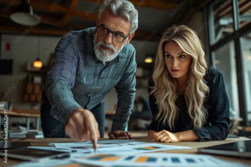 Fototapeta premium Two executives are engaged in focused discussion, leaning over table filled with charts and graphs, analyzing data together. Their expressions reflect determination and collaboration