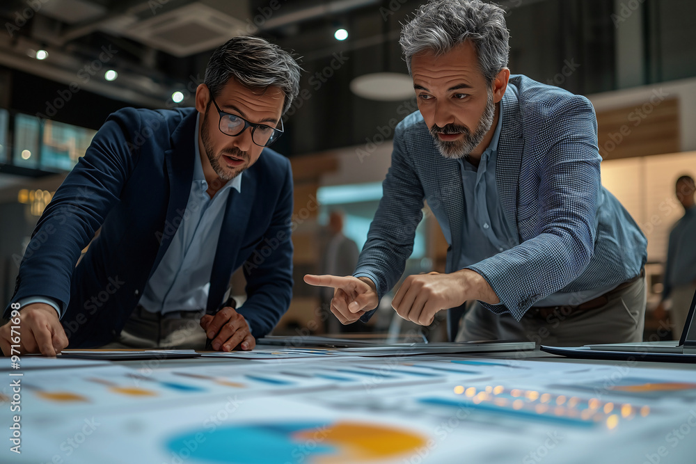 Two executives are engaged in focused discussion, leaning over table filled with charts and graphs, pointing at data to emphasize their points. Their expressions reflect determination and collaboratio Two executives are engaged in focused discussion, leaning over table filled with charts and graphs, pointing at data to emphasize their points. Their expressions reflect determination and collaboratio