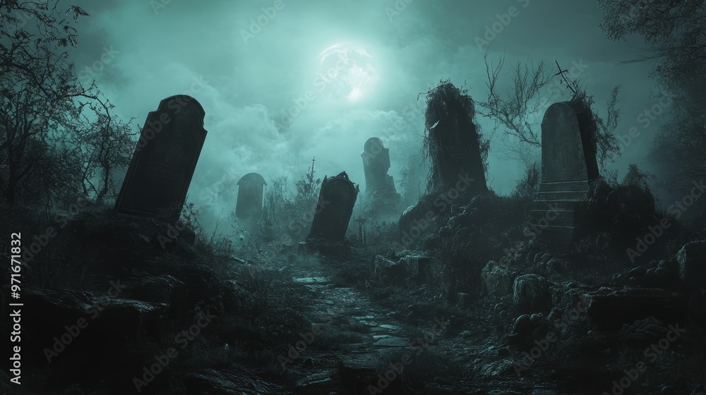 A spooky cemetery with old, weathered tombstones shrouded in fog under a full moon. A spooky cemetery with old, weathered tombstones shrouded in fog under a full moon.