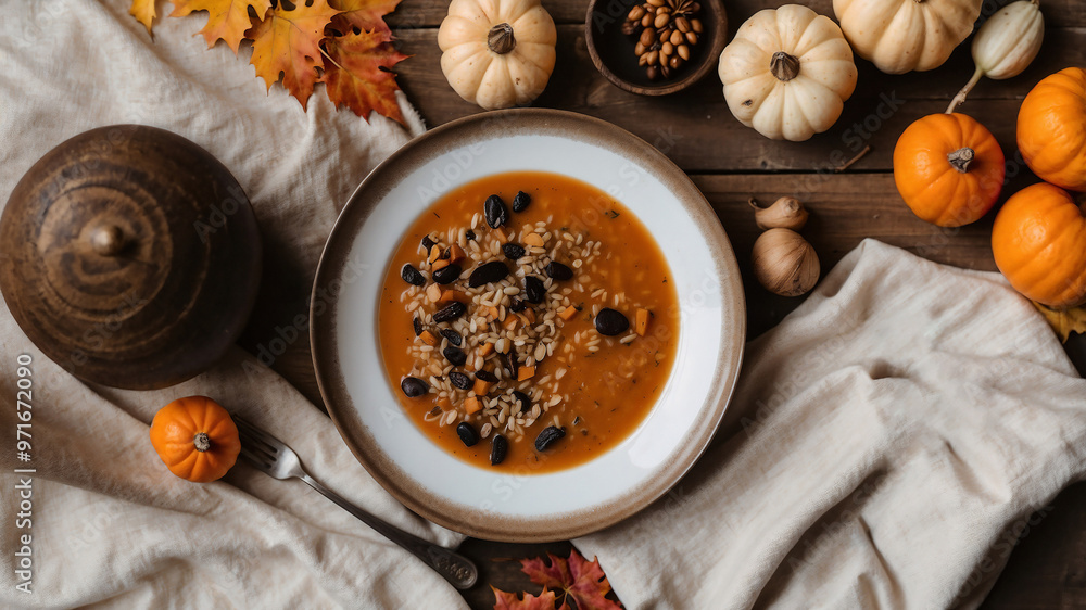 Fall or Autumn Flat Lay Food Arrangement of a Healthy Soup with Nuts, Seeds, Rice, Pumpkins and Canvas Fabric, Landscape Orientation