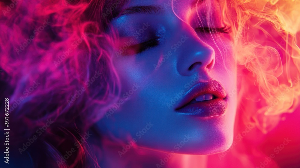 Woman's Face Illuminated with Neon Pink and Blue Light Woman's Face Illuminated with Neon Pink and Blue Light