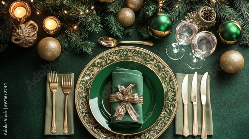 Chic green themed table setting for a festive christmas and new year celebration dinner