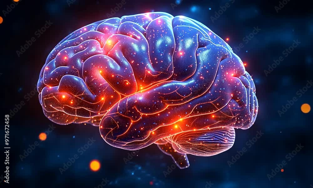 A brain with red and blue lights surrounding it A brain with red and blue lights surrounding it