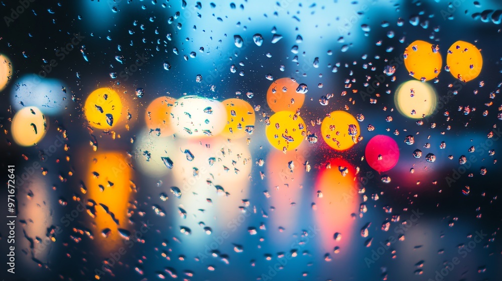 Fototapeta premium Raindrops on a window with blurred city lights in the background.