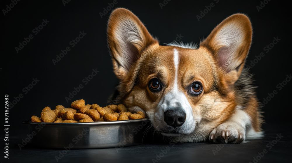 A curious corgi rests its head on a food bowl filled with kibble in a dimly lit room during the evening hours A curious corgi rests its head on a food bowl filled with kibble in a dimly lit room during the evening hours