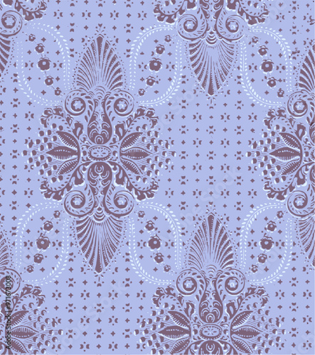 Intricate symmetrical vintage pattern in muted purple, featuring floral motifs, curved lines, and geometric details, conveying classic elegance.