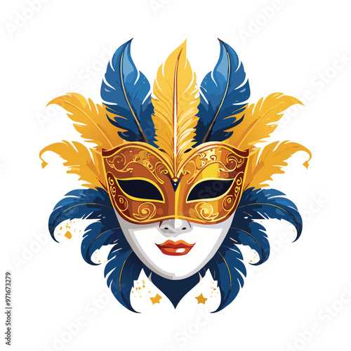 Carnival venetian mask with yellow and blue feathers