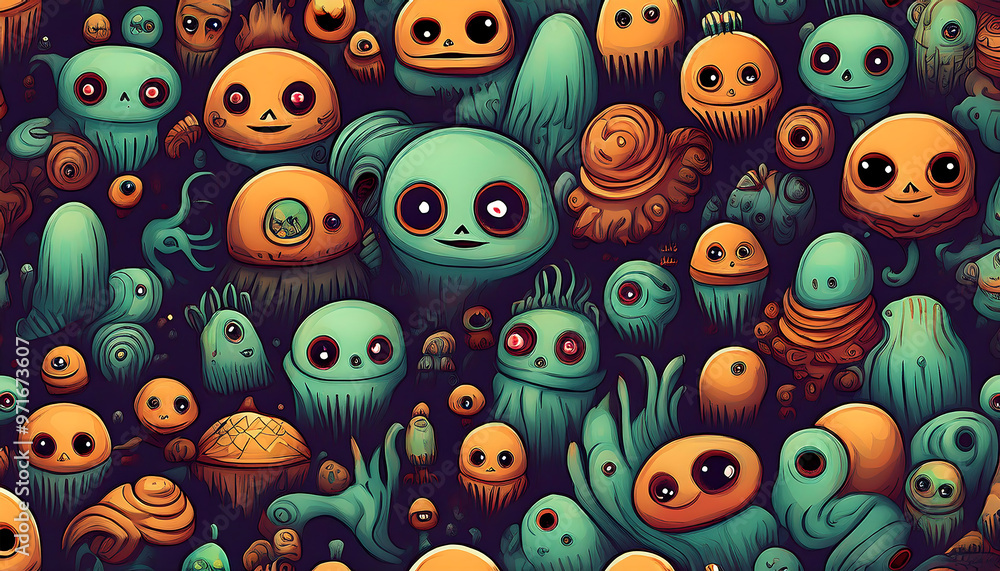 Cartoon doodle Halloween aliens in a seamless monster pattern, perfect for gift wrapping or_1(96) Cartoon doodle Halloween aliens in a seamless monster pattern, perfect for gift wrapping or_1(96)