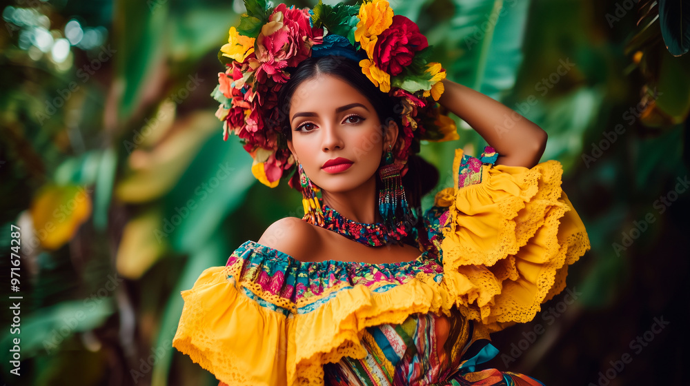 Young Woman in Typical Dress Smiling in a Cultural Space with Vibrant Colors Young Woman in Typical Dress Smiling in a Cultural Space with Vibrant Colors