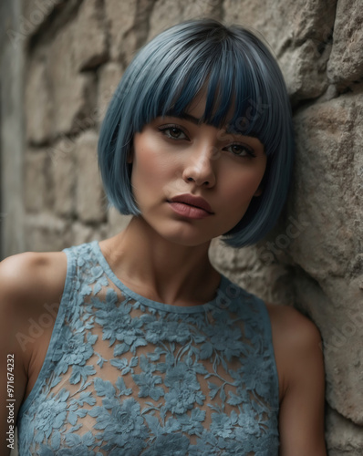 Elegant Woman with Blue Bob Haircut in Floral Lace Top Posing Against Stone Wall