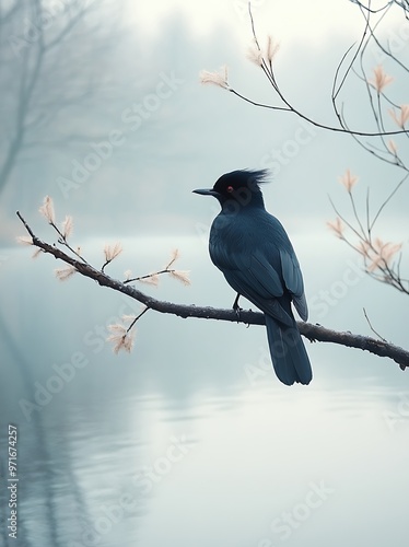 A black bird with red eyes perched on a branch with pink blossoms, overlooking a misty lake.