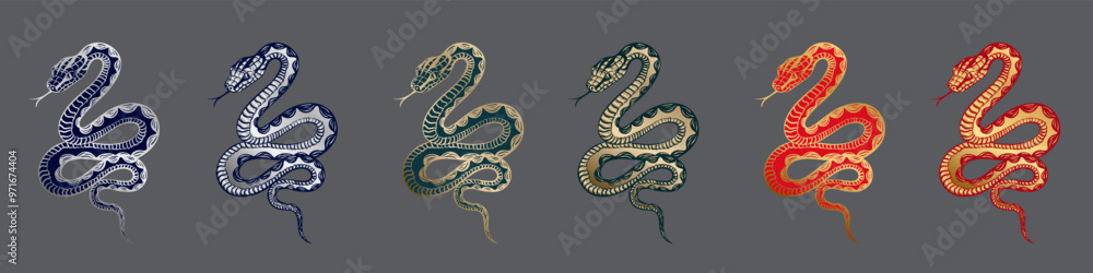 Set of hand drawn illustration of coiled snakes, featuring intricate linework and bold contrast. Graphic sketch of a red, blue and green venomous reptiles with golden and silver outlining Set of hand drawn illustration of coiled snakes, featuring intricate linework and bold contrast. Graphic sketch of a red, blue and green venomous reptiles with golden and silver outlining