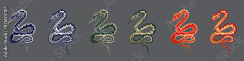 Set of hand drawn illustration of coiled snakes, featuring intricate linework and bold contrast. Graphic sketch of a red, blue and green venomous reptiles with golden and silver outlining