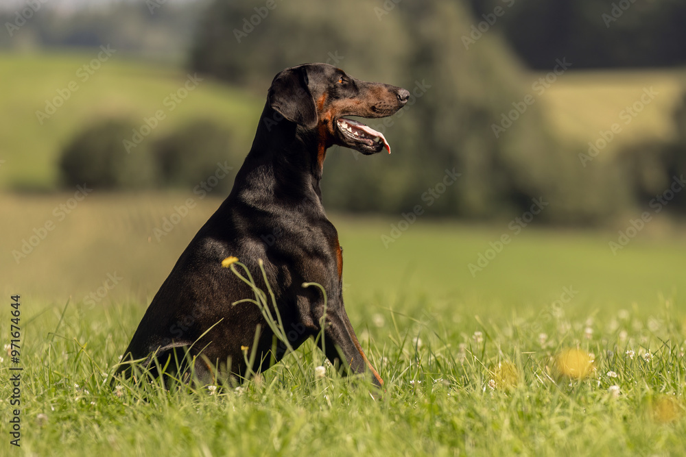 A male adult doberman dog sitting on a meadow in summer outdoors, dogbreed portrait A male adult doberman dog sitting on a meadow in summer outdoors, dogbreed portrait